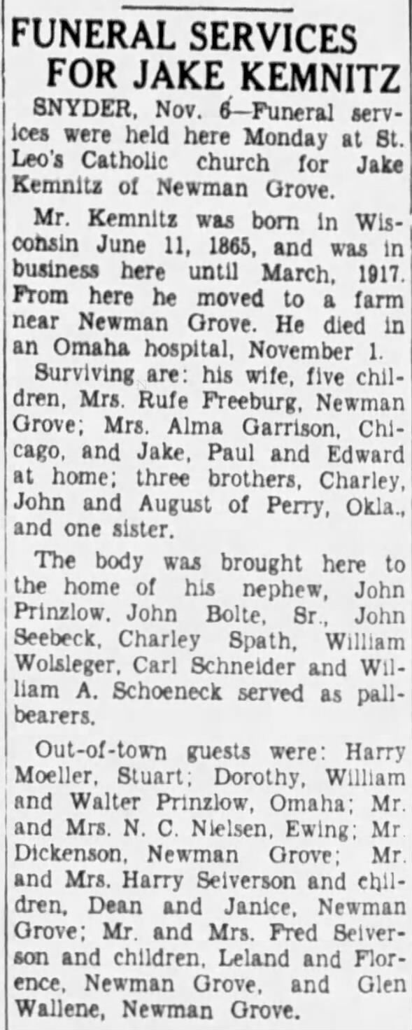 Obituary for JAKE KEMNITZ